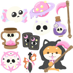 Pastel Halloween Cute Clipart Set &ndash; Kawaii Spooky Pumpkins, Ghosts, Witch Hat, Bats
