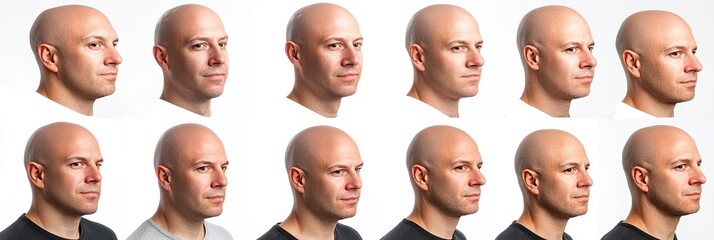 The image is a series of photographs of men with shaved heads