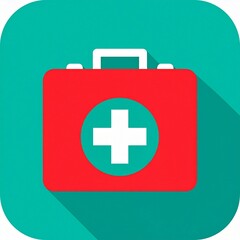 Fototapeta premium Red first aid kit icon with a white cross on a teal green background.