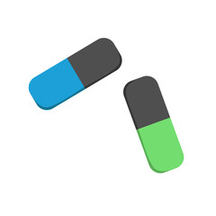Colorful erasers, graphic blue and green design on a white background