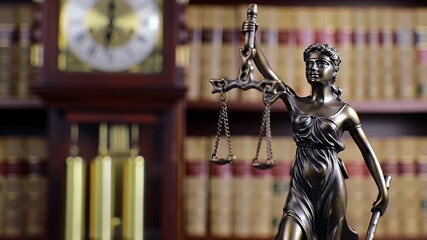 International Day of Justice Symbol of law and justice with a bronze statue of Themis holding scales in a classic legal library setting.