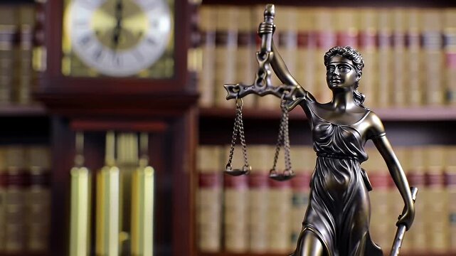 International Day of Justice Symbol of law and justice with a bronze statue of Themis holding scales in a classic legal library setting.