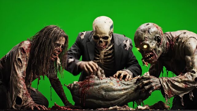 Ravenous Zombies Feasting on Corpse - Green Screen - Three gruesome zombies, one in a suit, ravenously devour a bloody corpse on a green screen.