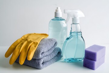 Sparkling clean essentials including gloves, towels, spray bottles, and sponges ready for any task