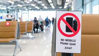 Quiet zone in public waiting area—rows of empty seats, soft lighting, and a bold “No Mobile Phones” sign, evoking calm, restraint, and digital silence.