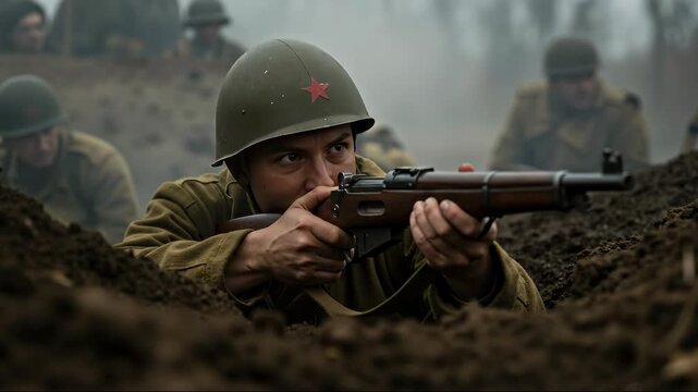 Caucasian soldier in helmet aiming carbine from trench. Realistic warfare style. Focus and readiness. Security services, recruitment, crisis communication, museum exhibits, remembrance campaigns
