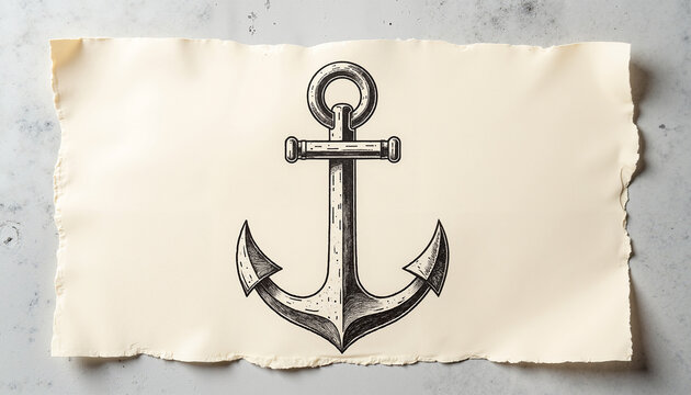 Vintage anchor illustration on rustic background with torn paper edges  