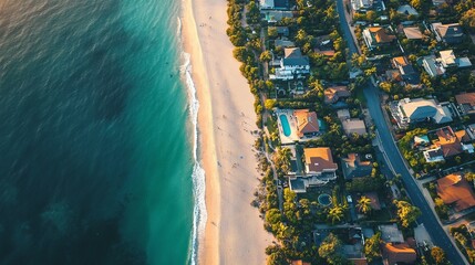 Aerial view of a beach meeting residential area