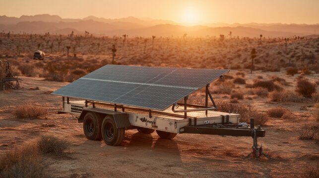 Medium shot focusing on solar panels atop a trailer harnessing sunset rays softly blurring energetic ravegoers and desert landscape behind.