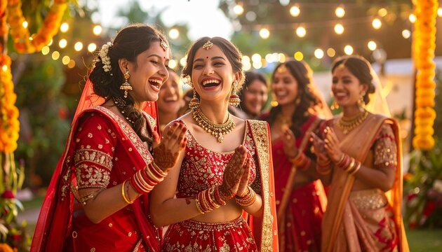 Women in vibrant sarees and gold jewelry celebrating under marigold garlands&mdash;smiles, tradition, and festive lights evoke joy and cultural unity.