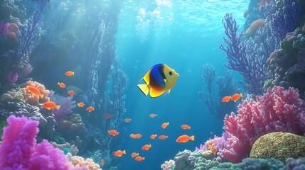 Dive into relaxation with vibrant coral reefs and schools of colorful fish swimming in clear blue ocean waters
