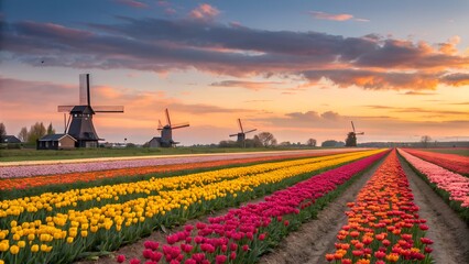 Colorful tulip fields in Holland bloom under a vast blue sky, with traditional windmills dotting the spring landscape