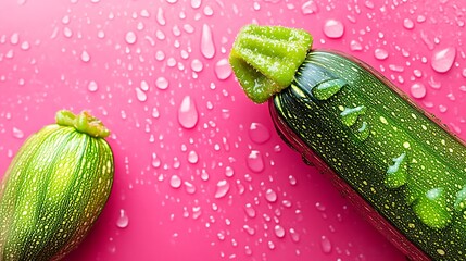 Fresh zucchini with glistening water droplets on vibrant pink background for healthy eating promotions