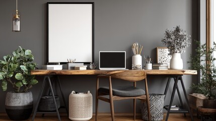Designer home office setup, commode, wood desk, black mock-up poster frame, laptop, minimal organizer, elegant personal accessories