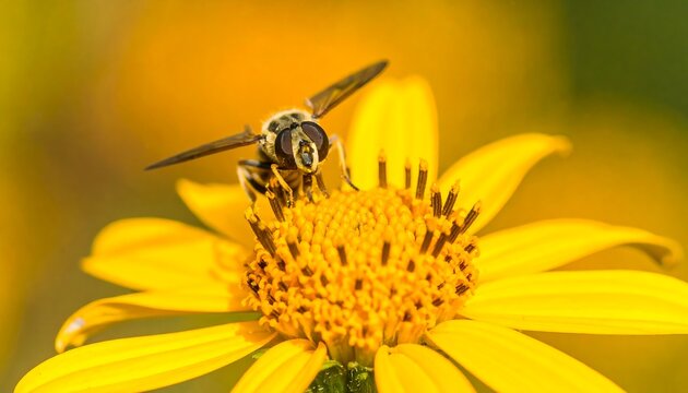 Close-up of a hoverfly on a bright yellow flower - Powered by Adobe