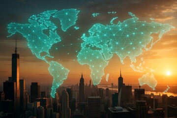 Global network overlay on cityscape at sunset with digital connections
