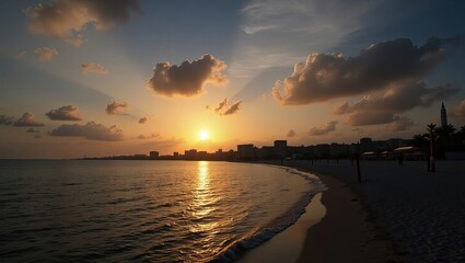 Obraz premium Golden sunset over a coastal city.