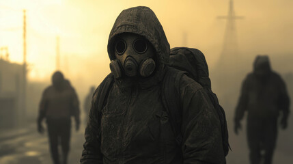 Mysterious Hooded Figures in Gas Masks Walking in an Urban Landscape Shrouded in Fog and Dusk Light, Evoking a Post-Apocalyptic Atmosphere