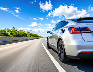 Sleek electric car driving on modern highway, motion blur background, clear sky, futuristic design, clean energy transportation concept.