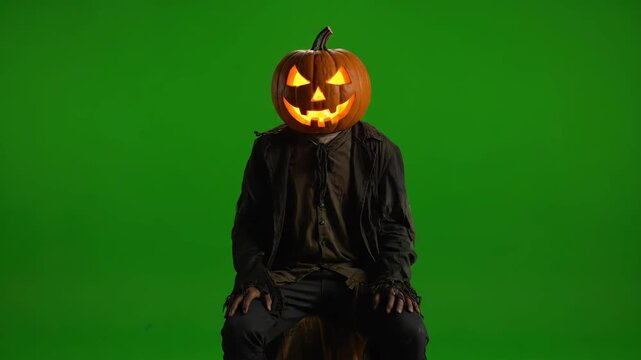 Headless Horseman with Jack-o'-lantern - A spooky figure resembling a headless horseman sits on a tree stump against a green screen.