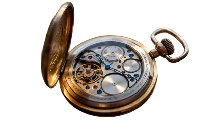 An antique pocket watch, with its delicate gears on display.