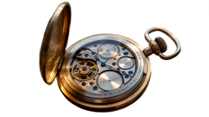An antique pocket watch, with its delicate gears on display.