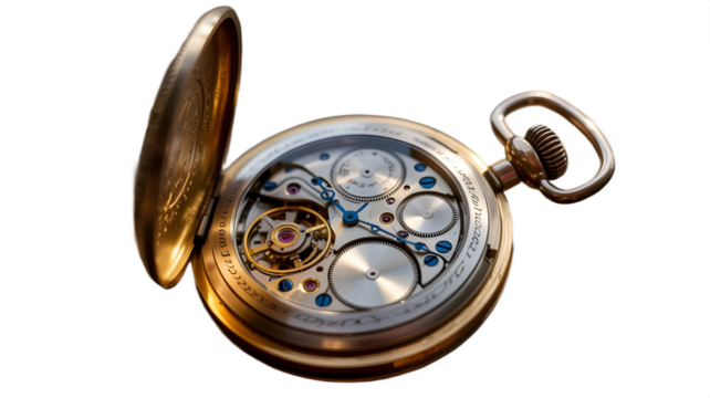 An antique pocket watch, with its delicate gears on display.
