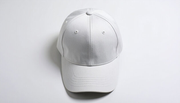 Top-down flat lay view of baseball white cap mockup, plain background, soft even lighting, realistic fabric texture, minimal clean style.