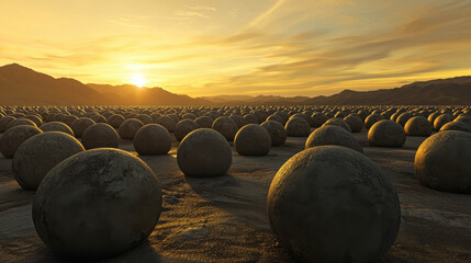 Fototapeta premium Landscape of Round Stones Under Warm Sunset with Mountains in Background and Soft Clouds for Nature and Abstract Themes