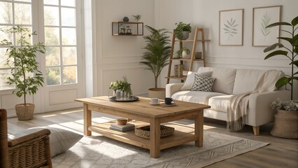 Fototapeta premium Cozy Modern Living Room with Wooden Table, Soft Natural Daylight, Minimalist Decor & Indoor Plants