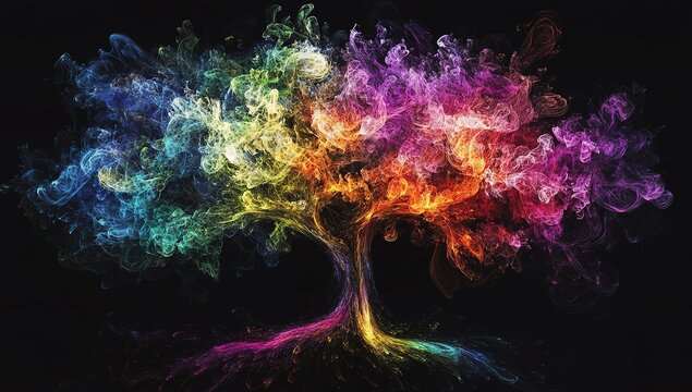 A large number of colorful smoke clouds form the shape of an oak tree, a colorful smoke cloud poster design, with a solid black background. The smoke is in colors of purple, blue, green, yellow, red - Powered by Adobe