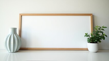 Obraz premium Empty picture frame with vase and plant on a white surface.