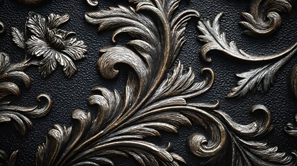 Ornate, metallic floral design on a dark background.