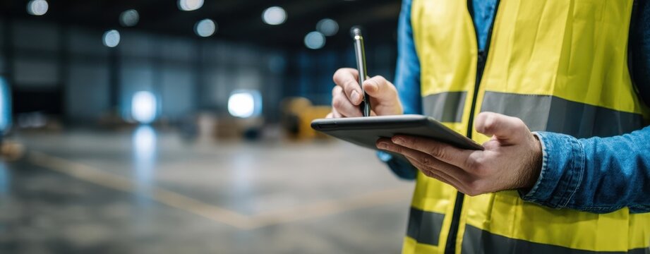 The warehouse worker managing inventory with a tablet in a professional environment.