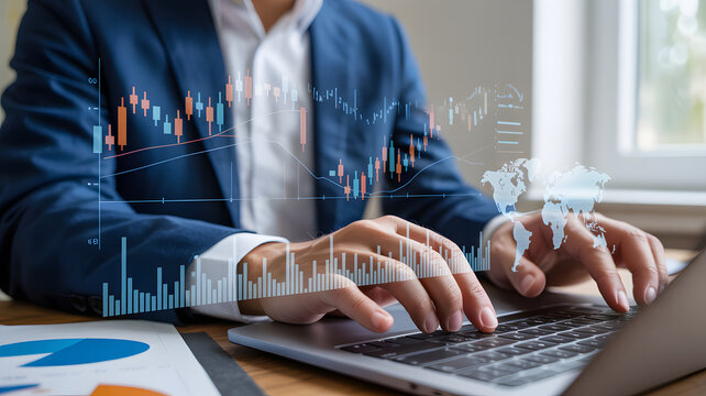 Professional analyzing global finance trends on laptop with digital data overlays - Powered by Adobe