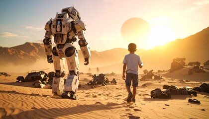 Armored humanoid robot walks beside boy in desert at sunset—rocky terrain, scattered machinery, and distant planet evoke sci-fi companionship in a post-apocalyptic world.
