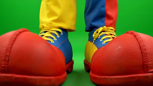 Ominous Clown Shoes Approaching - A close-up low-angle shot reveals a pair of oversized, brightly colored clown shoes walking towards the camera against a green screen.