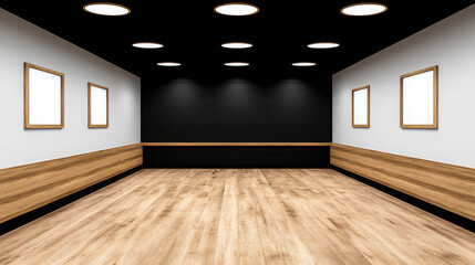Modern minimalist gallery interior with wooden accents and black walls featuring empty frames ready for artwork display lighting installation