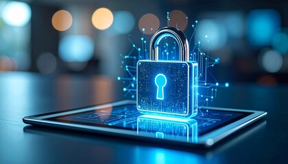Glowing blue shield with keyhole floats in digital space—symbol of cybersecurity, data protection, and secure access in a futuristic tech environment.