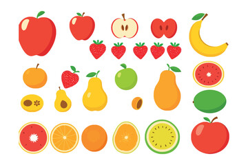 Summer mix Fruits and Healthy Vegetables Vector Collection. Organic Fresh Produce Illustration Bundle for Food and Diet Concepts on white background.