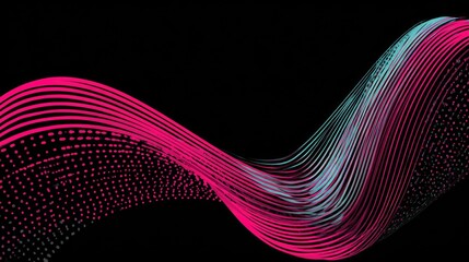 Abstract wavy lines with dots, vibrant pink and teal, on black background