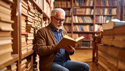 Elderly man reads in sunlit library, surrounded by towering stacks and wooden shelves—serene moment of wisdom, solitude, and lifelong curiosity.