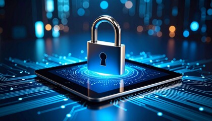 Glowing blue shield with keyhole floats in digital space—symbol of cybersecurity, data protection, and secure access in a futuristic tech environment.