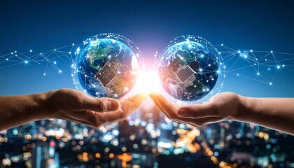 Two hands hold glowing Earth globes linked by digital nodes—symbol of global connectivity, technology, and shared impact in a futuristic cityscape.