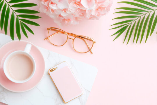 Flatlay of productivity tools and accessories on white background efficient workspace