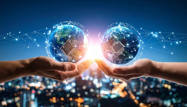 Two hands hold glowing Earth globes linked by digital nodes—symbol of global connectivity, technology, and shared impact in a futuristic cityscape.