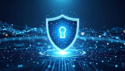 Glowing blue shield with keyhole floats in digital space—symbol of cybersecurity, data protection, and secure access in a futuristic tech environment.