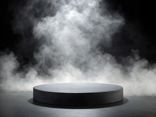Dramatic marble podium with smoky atmosphere on sleek black stage. Ideal for luxury branding photography, gourmet food styling, high-end packaging mockups, and elegant modern product showcases.

