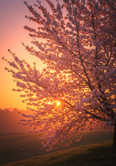 Obraz premium The warm morning sun shines through the delicate pink blossoms of a flowering cherry tree.