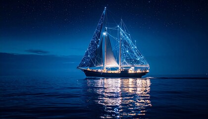 Illuminated sailing ship glides across a glowing digital sea of nodes—fusion of tradition and technology in a surreal starry nightscape.